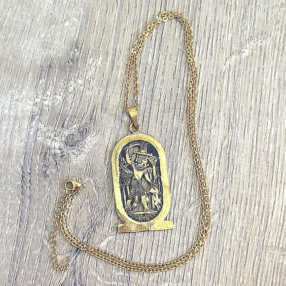 Egyptian Warrior Lotus Cartouche Brass Pendant Necklace - Picture 4 of 6